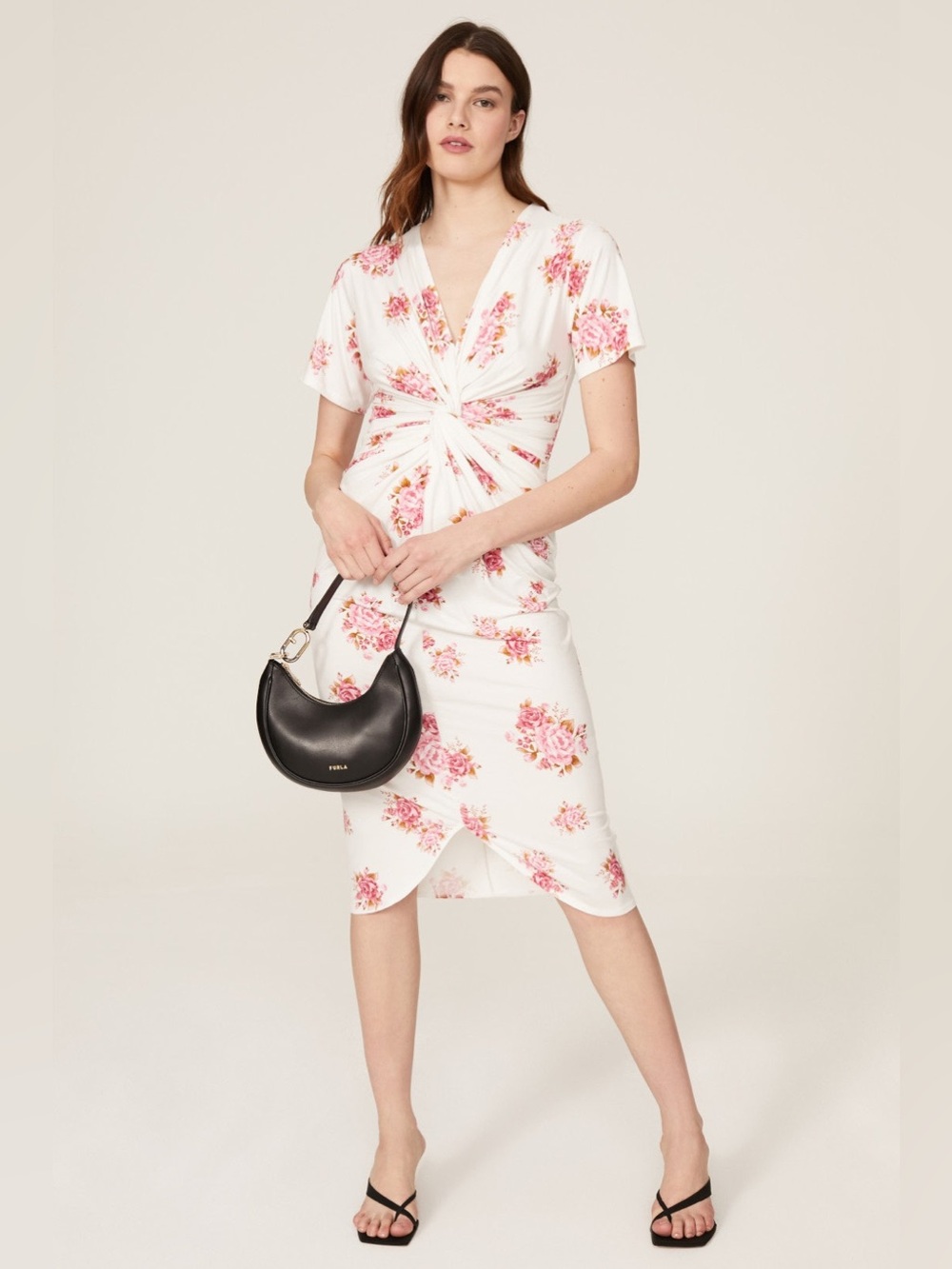 Floral Twist-Front Midi Dress in White and Pink